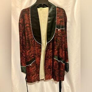 Vintage 1960’s Japanese Smoking Jacket Robe XL Red Black Brocade Made in Japan